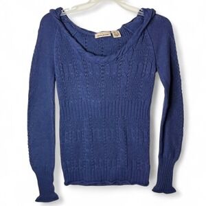 DKNY Jeans Y2K Sweater Womens S Blue Hooded Cable Knit Long Sleeve
